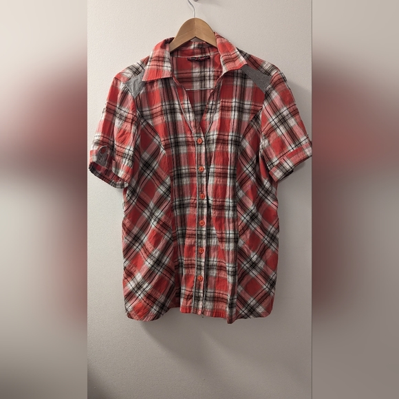 Claire France shirt size 1X orange peach and grey white pattern - Picture 1 of 6